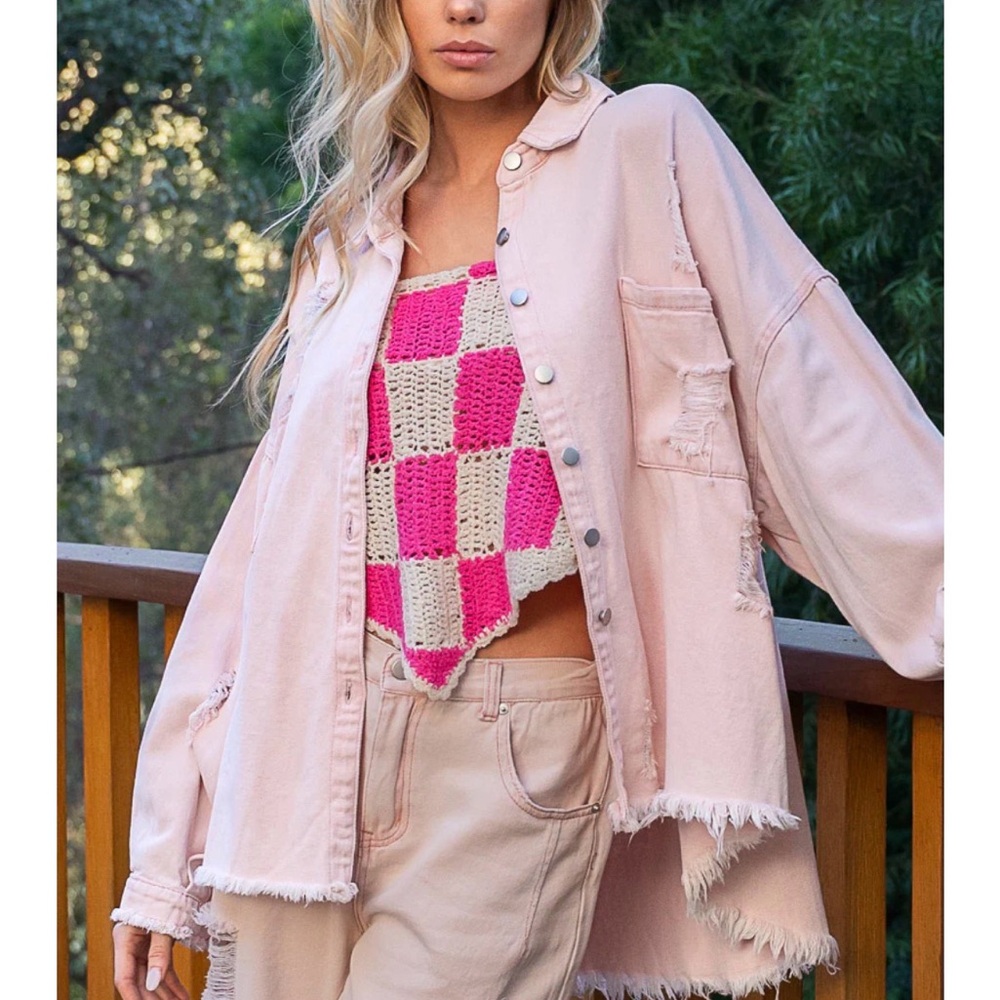 POL Light Pink Distressed shirt jacket